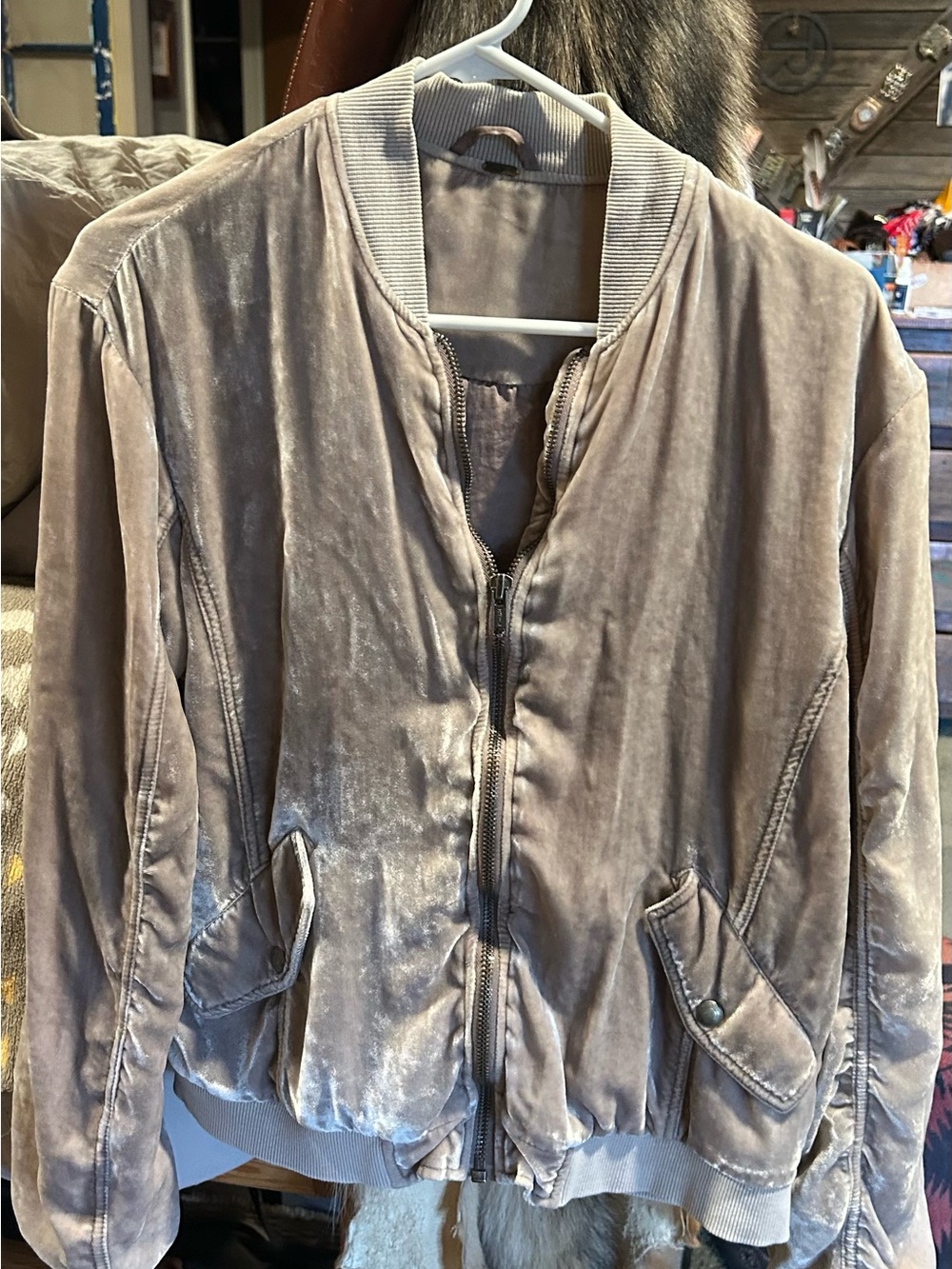 Free People Taupe Velvet Bomber Jacket